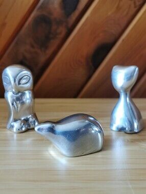 Vintage Hoselton Canada Aluminum Animal Figurines Set Owl Cat Beaver